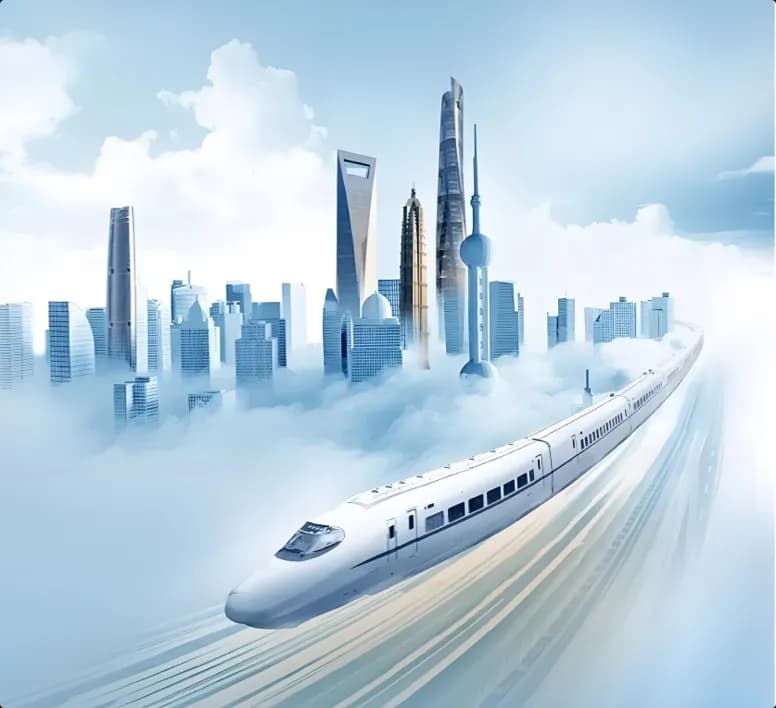 Modern city skyline with high-speed rail